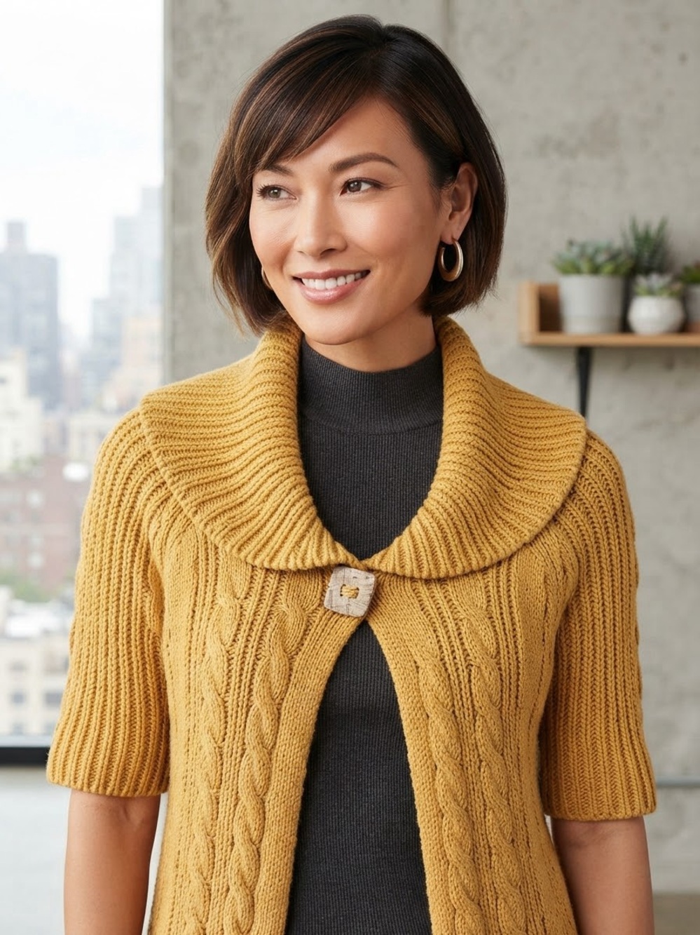 Mango Mustard Cable-Knit Short-Sleeve Cardigan with Shawl Collar